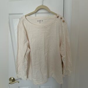 LOFT Off-White long sleeve Cotton Top with decorative buttons left on shoulder